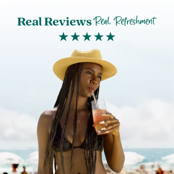 A woman wearing a straw hat stands at the beach while drinking a peach-colored refresher beverage through a straw. Text above reads “Real Reviews, Real Refreshment” with five stars.