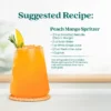 A bright peach-colored drink served in a textured glass with ice and a peach wedge garnish. Text shows a suggested recipe called Peach Mango Spritzer made with Smartfruit Rekindle Refresher, soda water, white grape juice, fresh lime juice, and ice.